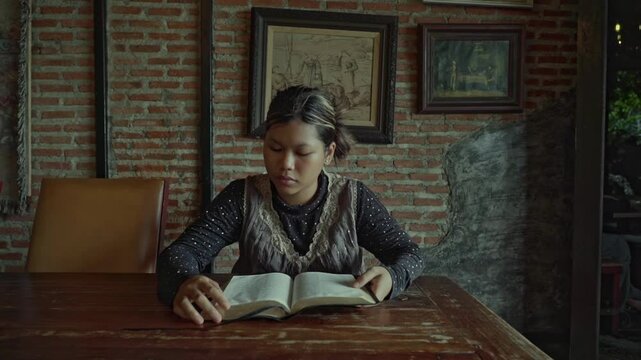 asian woman reading the bible book on wooden table vintage room