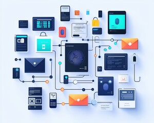 Abstract illustration of digital devices connected by lines, showcasing technology, communication, and data exchange.