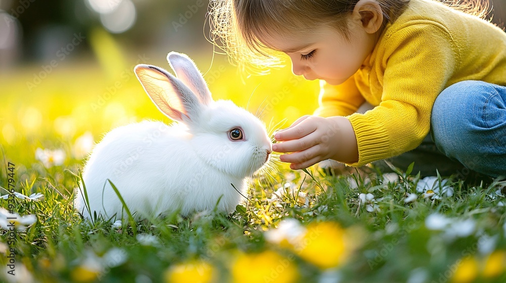 Poster A child playing with a pet rabbit in a garden showing the active play and interaction facilitated by having a pet. Stock Photo with copy space