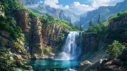 Fototapeta premium A dramatic waterfall cascades from a high cliff into a deep, clear pool,