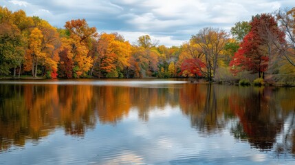 An autumn afternoon with a scenic view of a lake surrounded by colorful trees, their vibrant fall foliage reflected in the calm, serene water.