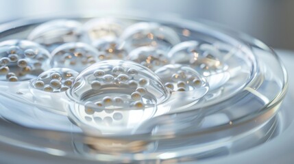 close-up of five transparent spheres with white and yellow dots in a glass dish, arranged in three rows, set against a light gray background, with subtle reflections and ambient lighting