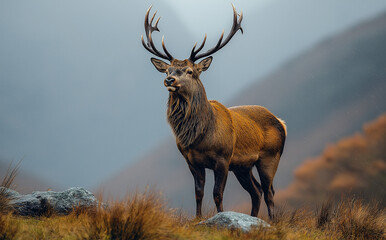 Red deer with large antlers, standing in a field
