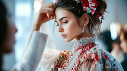 Designer adjusting a model outfit backstage, focus on the details and final touches, teamwork, intense focus.