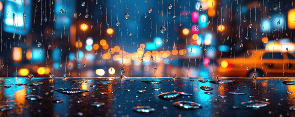Obraz premium Racing raindrops on a windowpane during a storm with blurred city lights in the background, raindrops, melancholy
