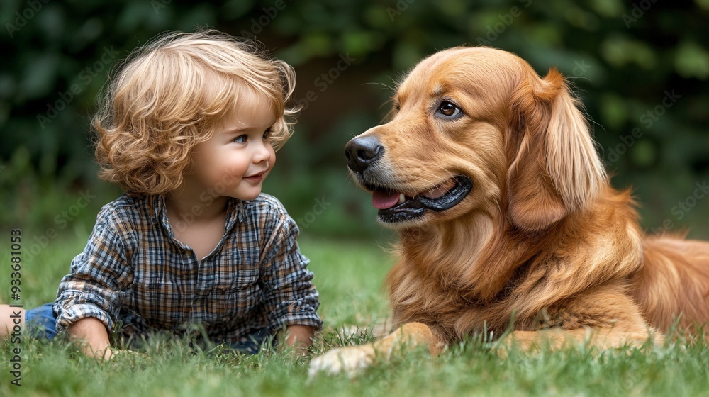 Poster a child playing with a dog in a park, with both the child and the dog happily engaged in play demons