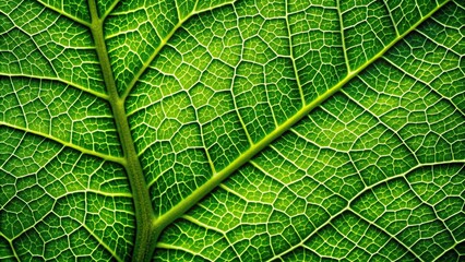 Obraz premium environment, vibrant, growth, eco-friendly, botanical, abstract, organic, natural, sustainable, beauty, Green leaf texture macro detail featuring intricate veins and vibrant shades of green