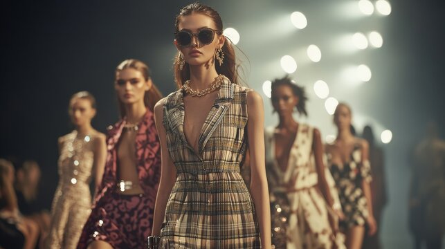 Fashion show concept. Designer showcasing their latest collection on a runway, models in coordinated outfits, chic and trendy looks, audience captivated.