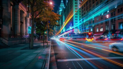Obraz premium Vibrant Night Cityscape with Light Trails from Traffic on a Bustling Urban Street