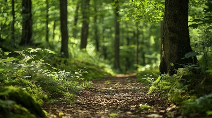 A small road with tall plane trees on both sides, dark green leaves, sunlight shining down.