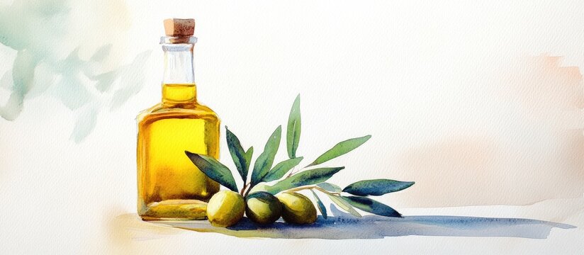 Watercolor artwork depicting a bottle of olive oil alongside an olive branch