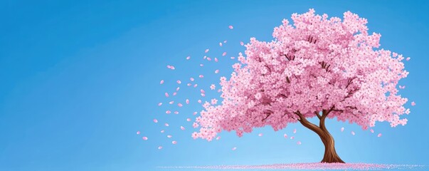 Blossoming cherry tree with pink petals falling gently in the breeze, cherry tree, spring