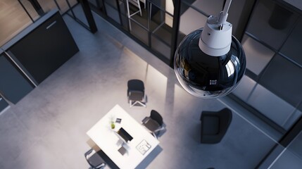 A black and white security camera hangs from the ceiling, overlooking a modern office.
