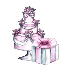 A wedding or festive pink cake and a gift box with a bow. Handmade watercolor illustration. Highlight it. A wonderful confection for a holiday. For invitation and greeting cards, banners and posters.
