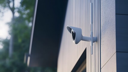 A white security camera is mounted on the outside of a building.