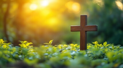 Wooden cross stands on grass in field,copy space,banner,symbolizing Jesus' death and resurrection.