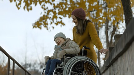 Naklejka premium A woman helps a young girl in a wheelchair down a ramp.