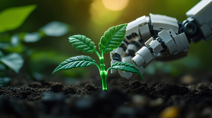 white Robot hand nurturing a growing plastic glowing green leaves block planted in real soil, (2)