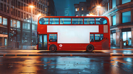 A red double-decker bus with blank billboard advertisement in a city street at night. Generative Ai
