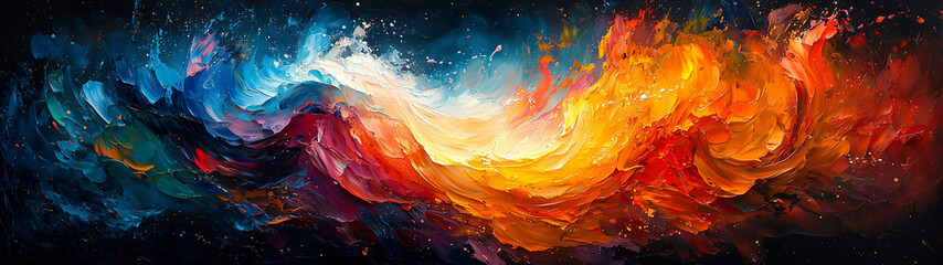 A vibrant abstract painting featuring swirling colors and dynamic brushstrokes, evoking energy and...