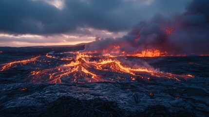 Fototapeta premium Fiery Fury: Spectacular Lava Flow from Erupting Volcano