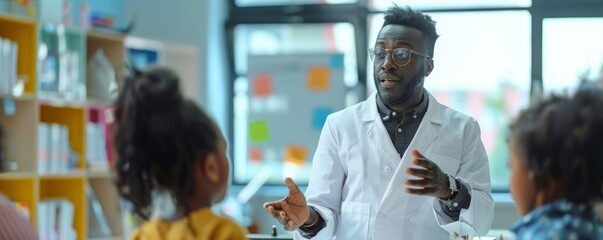 Engaging Science Teacher Explaining Concepts to Young Students in a Modern Classroom Setting