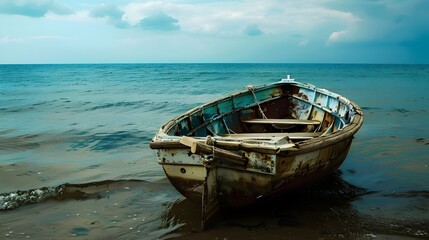 Naklejka premium abandoned old boat on the sea , Old fisherman boat on the beach