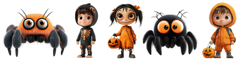 Obraz premium Halloween character set, spider and kids in scary costumes, scary koi and black castle, transparent background, png,