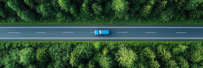 Aerial view, blue car traveling along straight empty road through lush green forest landscape.