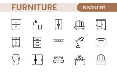 Furniture and home interior elements - thin line web icon set. Outline icons of kitchen, living room, bedroom and office collection.