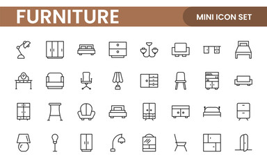 Furniture and home interior elements - thin line web icon set. Outline icons of kitchen, living room, bedroom and office collection.
