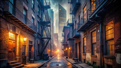 Obraz premium Narrow, dimly lit urban alleyway with worn brick walls, rusty fire escapes, and a glimpse of towering skyscrapers in the misty city background atmosphere.