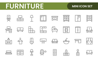 Furniture and home interior elements - thin line web icon set. Outline icons of kitchen, living room, bedroom and office collection.