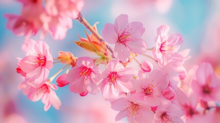 Obraz premium Artistic view of cherry blossoms with soft pink petals against a blue sky, capturing the fleeting beauty of spring in full bloom