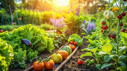 Natural gardening methods, such as neem oil and ladybugs, control pests in a lush, vibrant vegetable garden, promoting healthy growth and eco-friendly sustainability.