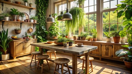 Fototapeta premium Natural light illuminates a rustic wooden kitchen table surrounded by lush greenery, with potted plants and vines spilling onto the worn surface.