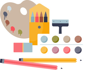 Obraz premium Colorful art supplies with palette, crayons, eraser, squeegee, and pencils symbolizing creativity.