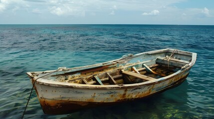 Fototapeta premium abandoned old boat on the sea , Old fisherman boat on the beach