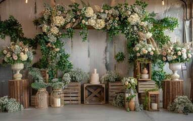 Obraz premium Rustic Wedding Arch with Floral Arrangements and Wooden Crates in a Vintage Setting