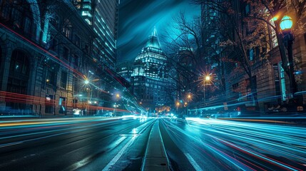 Obraz premium Vibrant Night Cityscape with Light Trails and Modern Skyscrapers Illuminated by Streetlights