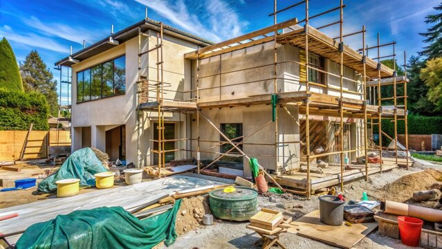 New stucco exterior under construction, with scaffolding and tarps surrounding the building, amidst a messy construction site with tools and materials scattered about.