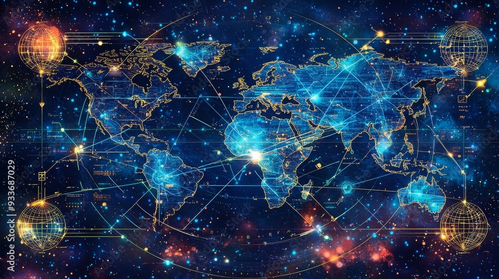 Poster Global Network Connection World Map Technology Futuristic Digital Abstract Data Internet Communication
