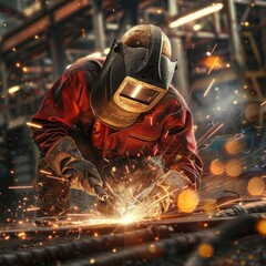 Industrial welder working in a factory, creating sparks with welding torch, vibrant and dynamic action shot.