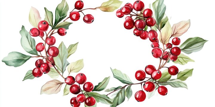Watercolor clipart of a cranberry wreath showcasing clusters of red berries and green leaves within a circular design Perfect for holiday cards seasonal invitations and festive decor