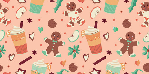 Christmas seamless pattern with cute characters, gingerbread men, sweets, holiday pastries and drinks. Design for Christmas backgrounds, wrapping paper. Vector