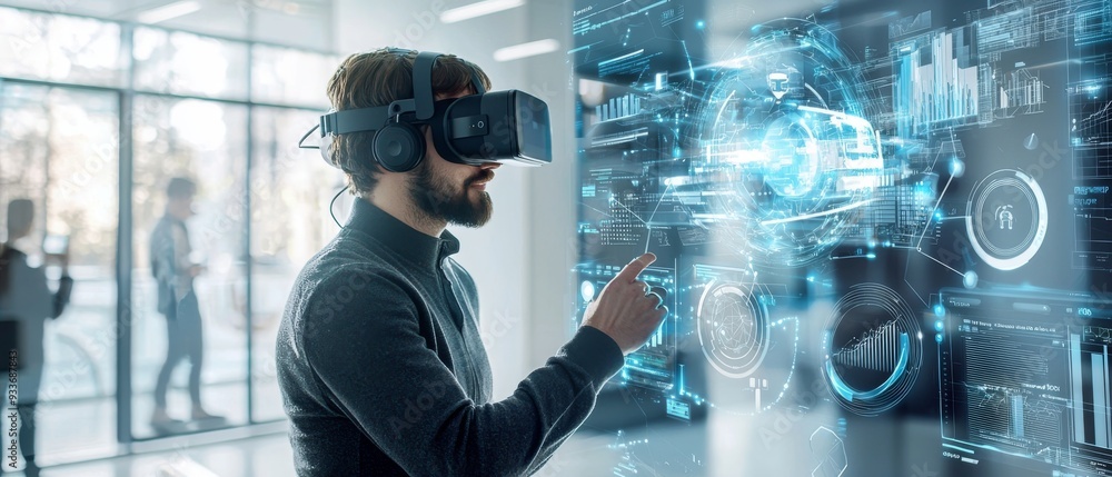 Poster man using virtual reality headset for data analysis