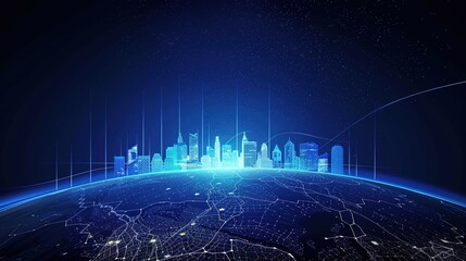 Stunning Blue Gradient Background with City Skyline on Earth’s Horizon, Night Sky, and Digital Technology Elements in High-Resolution Vector Illustration of Global Network and Urban Development