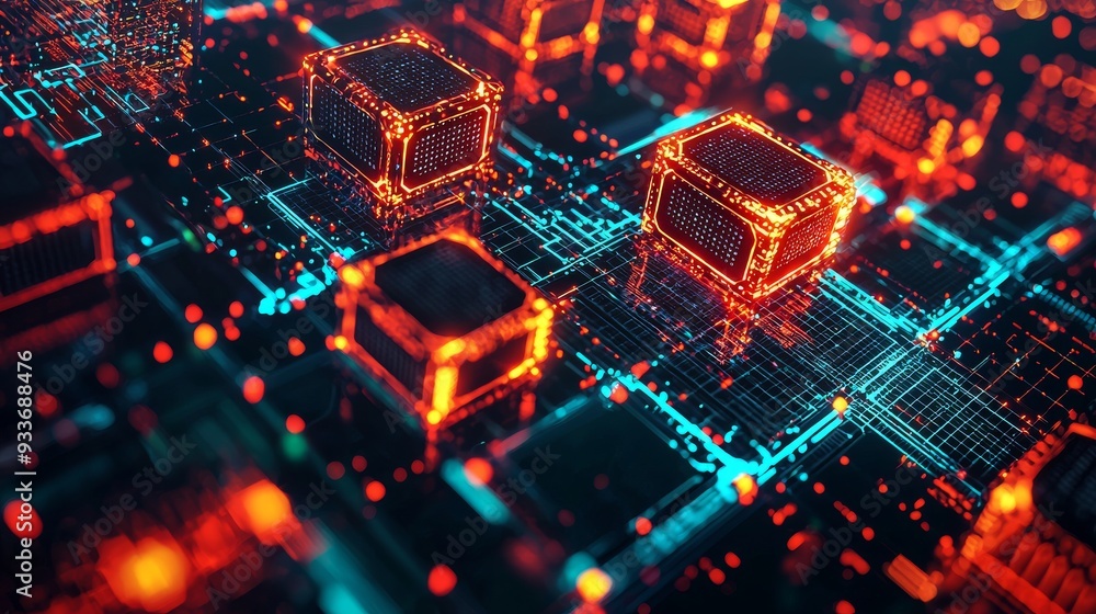 Poster abstract d cubes with neon lights and circuit board design
