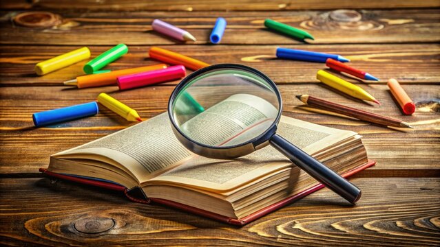 Open dictionary on wooden desk, magnifying glass highlighting a specific word, surrounded by scattered papers and colorful pens, evoking a sense of learning and discovery.