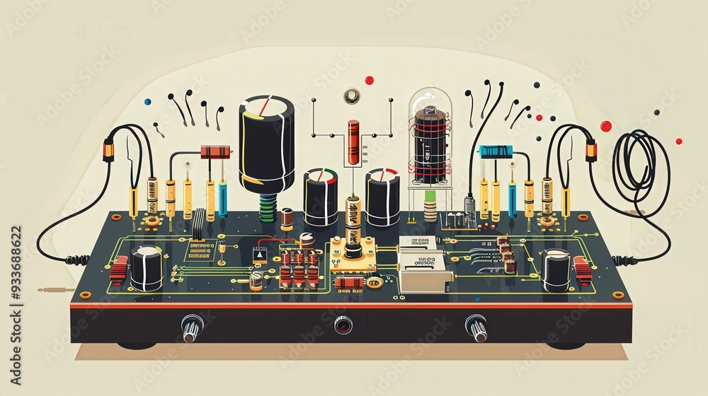 Poster detailed illustration of a basic amplifier circuit, including input and output stages and how it boo